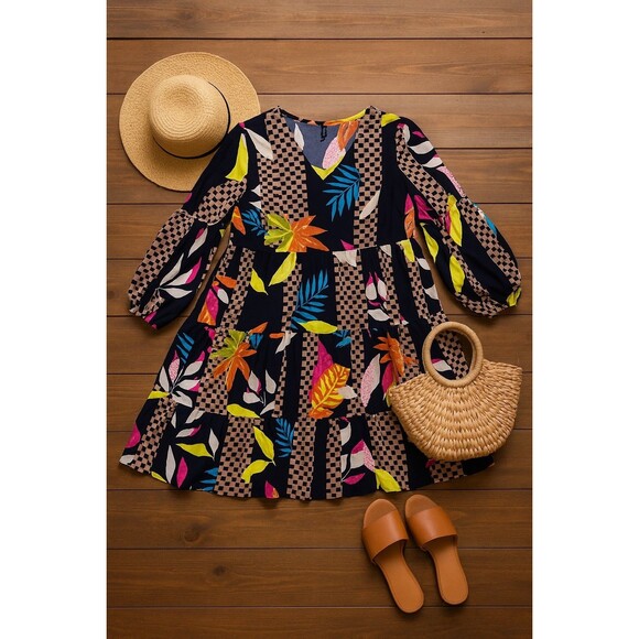 Boho Tropical Floral Geometric Tiered Mini Dress –Long Sleeve Resort Vacation - Picture 2 of 6